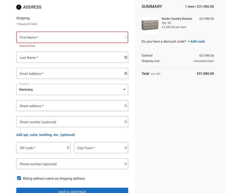 The shipping address form and the order summary of the default-themed page for the Complete Checkout mode.