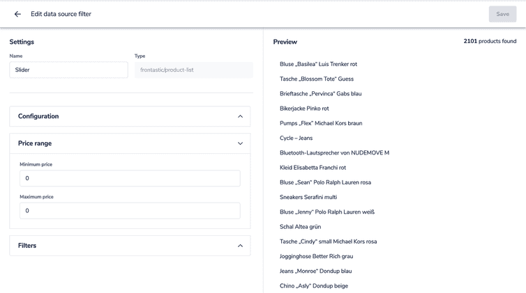 Edit data source filter settings.