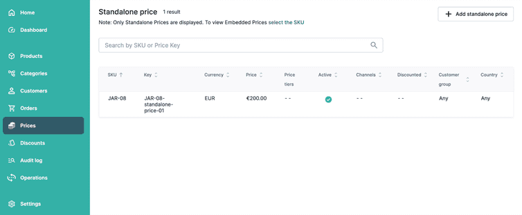 Standalone Price created with the previous code is displayed in the Standalone Price list.