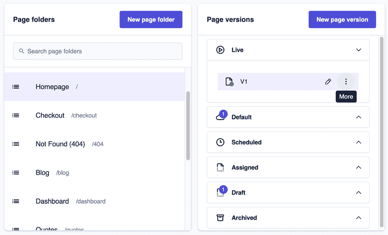 The list of the available page folders with the Home page folder selected and the related page version sections displayed.