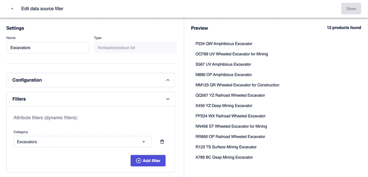 The data source filter editor with the Name field set and the Category field set to Excavators