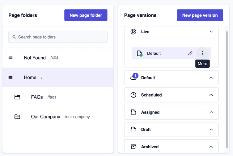 The list of the available page folders with the Home page folder selected and the related page version sections displayed.