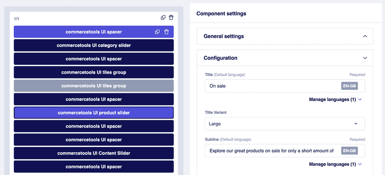 The Configuration section in the Component settings pane with its Title and Subline fields filled with the values for the new page version