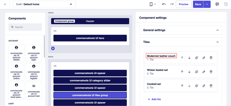 Some tile groups in the Tiles section of the Component settings pane of the Studio's page builder.