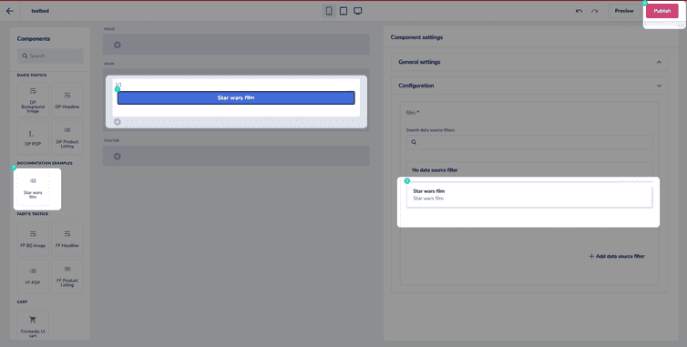 Page builder with Star wars film component in the main section and Star wars film data source selected.
