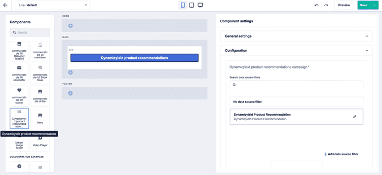 The Dynamicyield product recommendations Frontend component and the Component settings section in the page builder