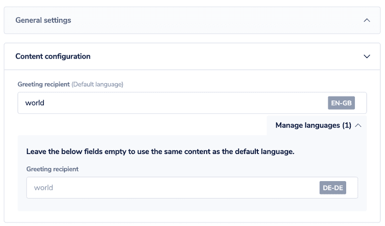 The Content configuration section expanded in the settings of the Hello World component.