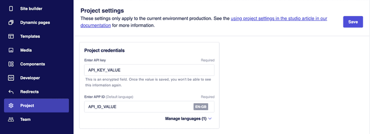 The Project settings page with the Project Credentials section where the Enter API Key and Enter APP ID fields are filled in with values