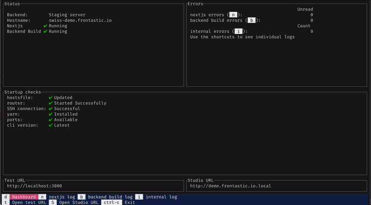 The six sections of the CLI dashboard: Status, Errors, Startup checks, Test URL, Studio URL, and hotkeys.