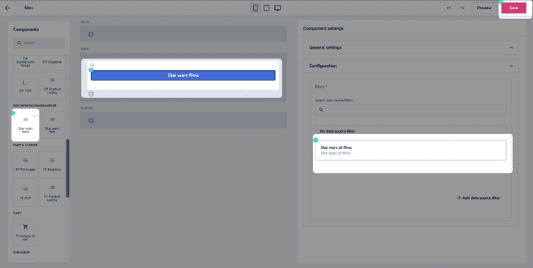 Page builder with Star wars films film component in the main section and Star wars all films data source selected