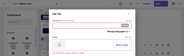 The Edit Tile dialog in the Studio page builder that lets Studio users edit the settings of a tile group item.