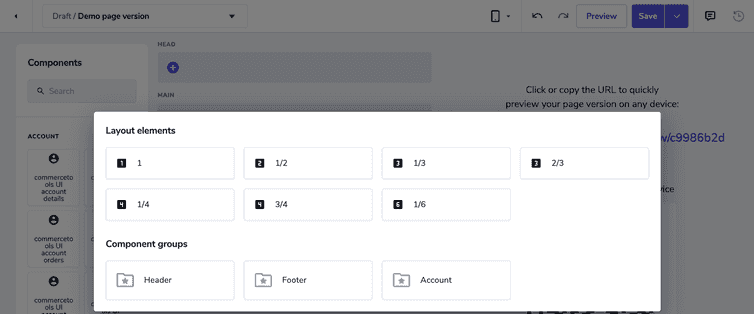 The dialog to select layout elements and component groups.