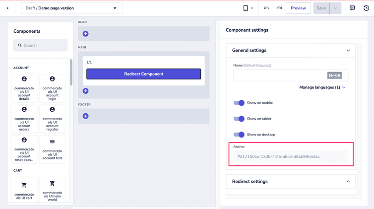 Select the Anchor ID from the component's general settings