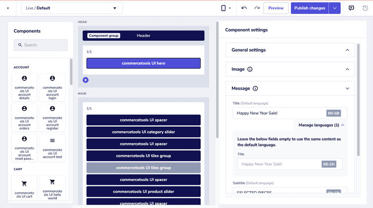 Component settings pane with manage languages section expanded with placeholder value.