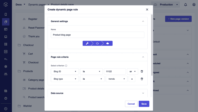 Page rule criteria builder with blog.id and blog.type fields.