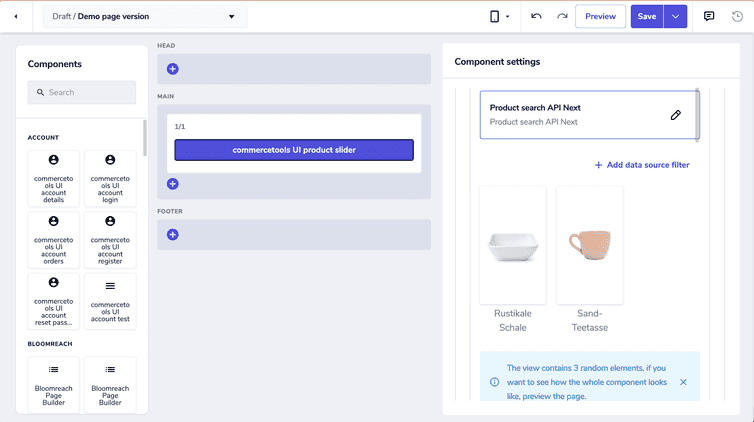 A product list data source filter settings of a Frontend component