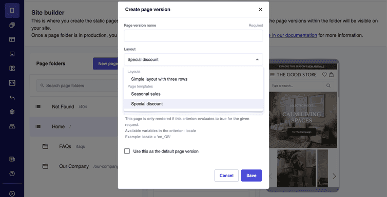 The available templates listed in the Layout drop-down of the Create page version dialog