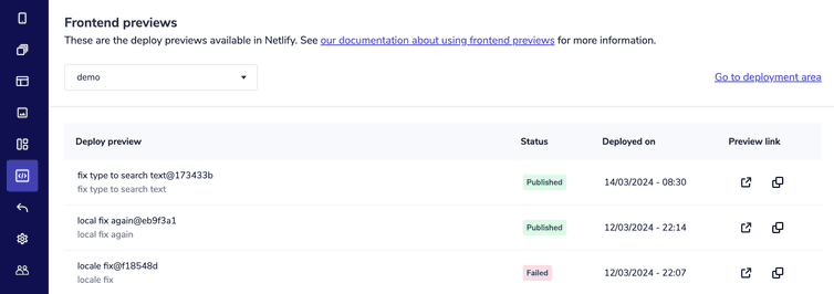 Some deploy previews available in the Frontend previews area
