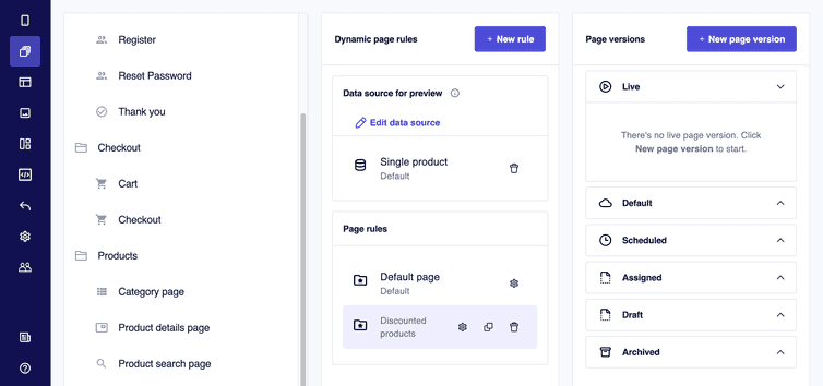 A dynamic page rule selected in the Dynamic page rules pane and the related Settings, Duplicate, and Delete icons displayed