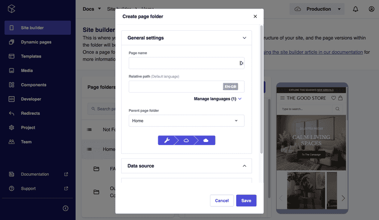 Create page folder dialog and its General settings section