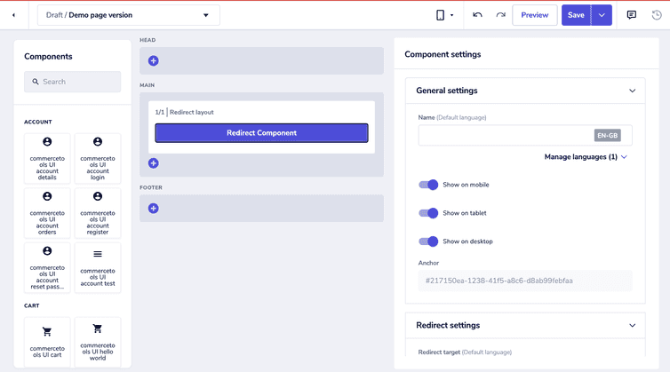 A Frontend component selected from the layout section and the related Component settings pane open.