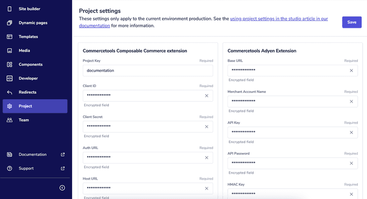 The Project area with some settings fields