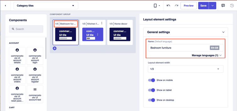 Entering the name of a layout element in the Name field of the Layout element settings. The layout element name is displayed in the layout section.