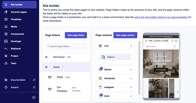 The Site builder area with page folders and page versions