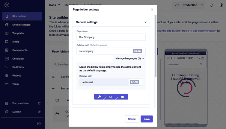 Page folder settings dialog with manage languages section expanded and relative paths set for EN_GB and DE-CH locales.