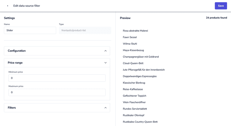 Data source filter editor layout with settings and preview