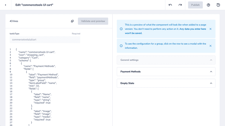 The schema editor with a schema in the editing pane and its preview displayed in the preview pane