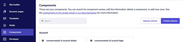 The Components area with the Upload schema and Create schema buttons