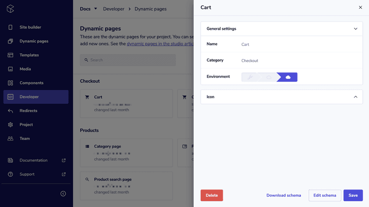 The pane with the settings of a dynamic page in the Developer Dynamic pages area.