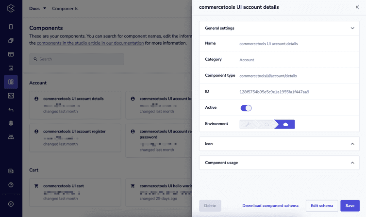 Component schema details pane with general settings expanded