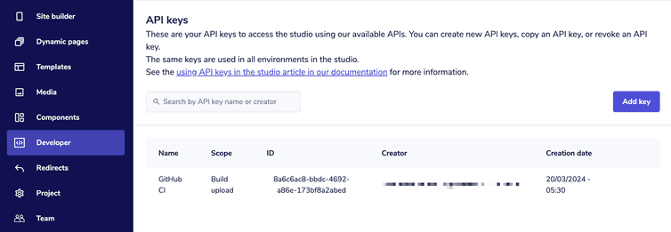 The API keys area displaying the Add key button and list of available API keys