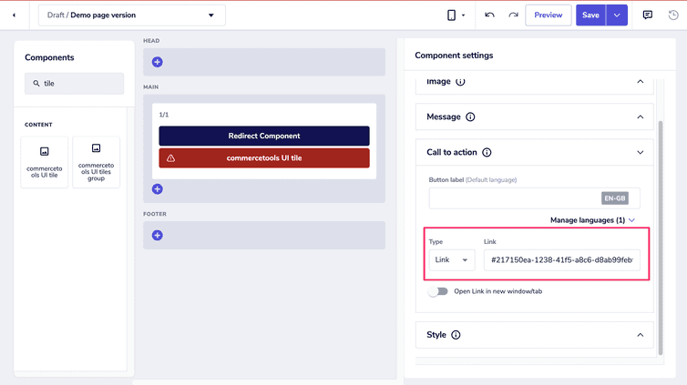 Use the selected anchor ID as a link in the tile component settings