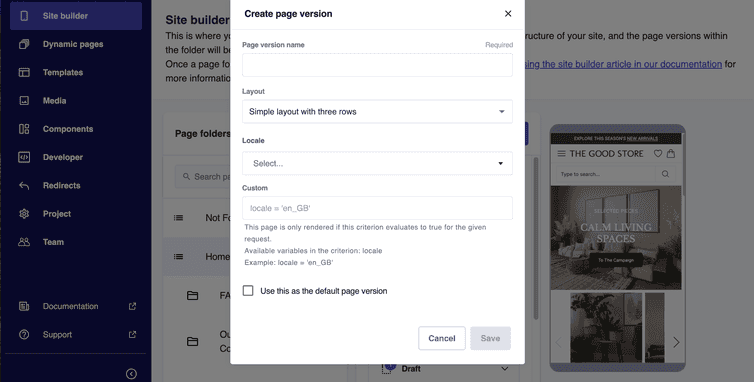 The Create page version dialog with fields to set page version settings