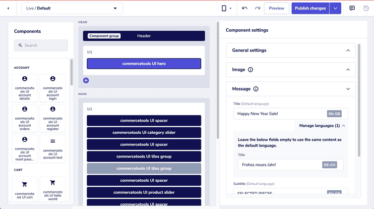 Component settings pane with manage languages section expanded with entered translation.