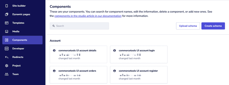 The Components area with the Upload schema and Create schema buttons