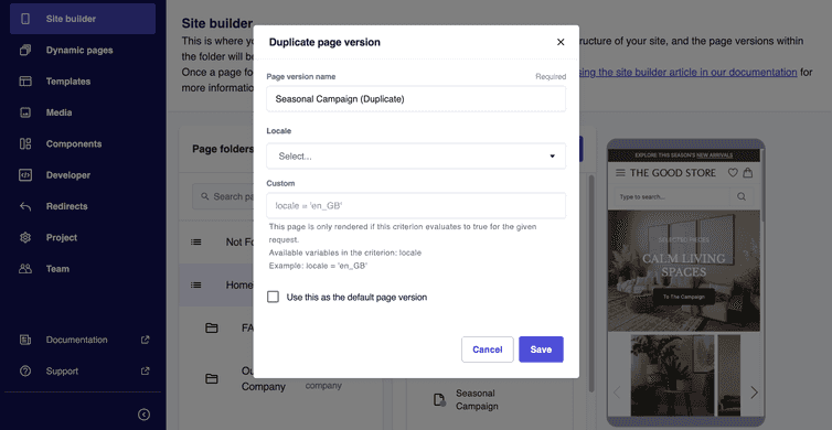 The Duplicate page version dialog with fields to set the duplicate page version settings