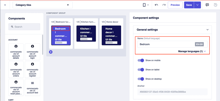 A Frontend component selected from the layout section and the related Component settings pane open.