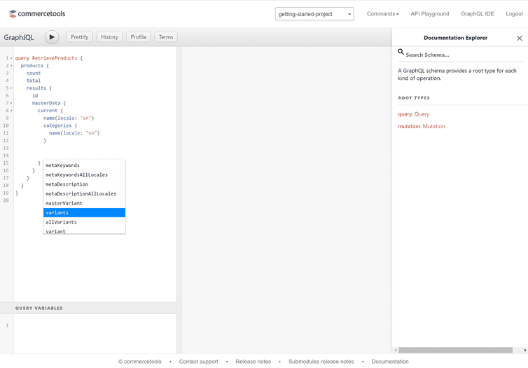 A screenshot displaying autocomplete in the GraphQL IDE