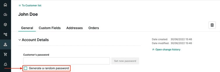 The Generate a random password option highlighted in red on the Customer's general tab.