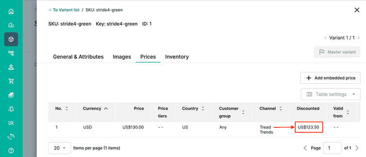 The lower discount has been applied to the Variant's Price record.