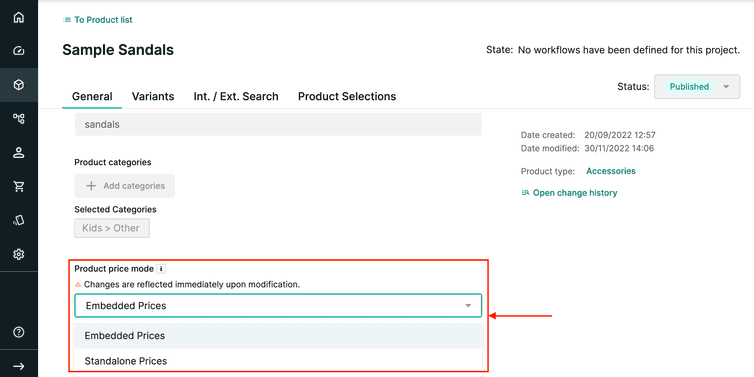 Select Product Price Mode from the drop down box on the General tab.