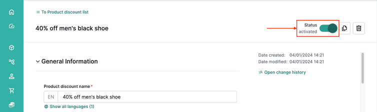 The status toggle is found in the upper right corner of the discount UI.