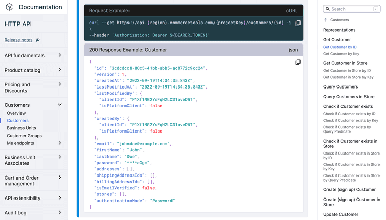 Example payloads of Get Customer by ID requests and responses.