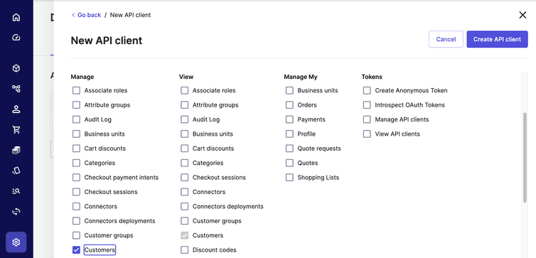 Merchant Center new API client screen with manage customers scope selected.