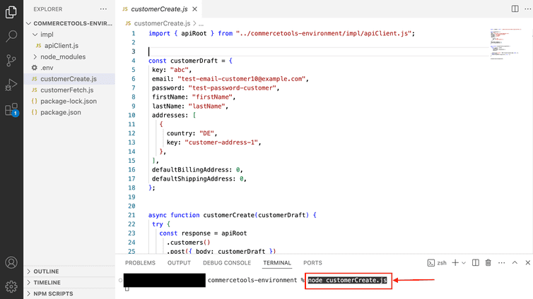 CustomerCreate.js file about to be executed in Visual Studio Code.