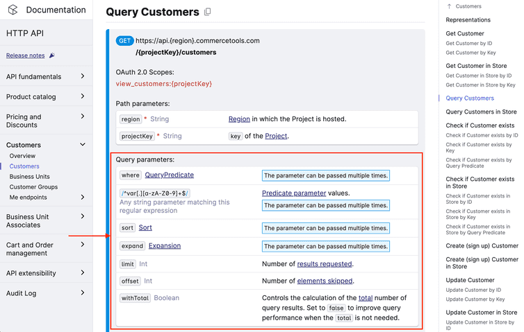 List of possible query parameters listed in the docs for the Query Customers endpoint.